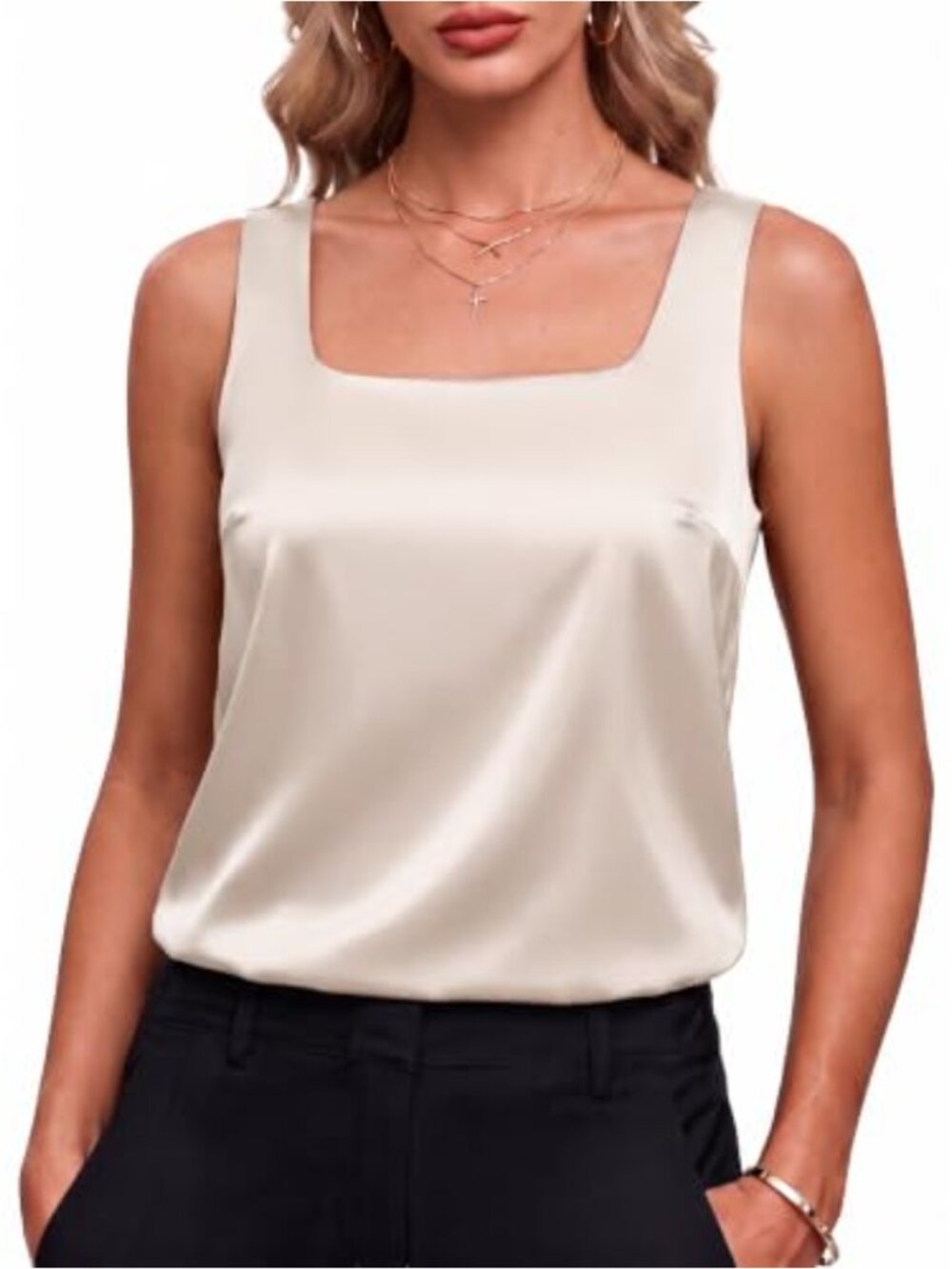 Lined Satin Tank Top Square Neck Camisole Wide Strap Layering Top